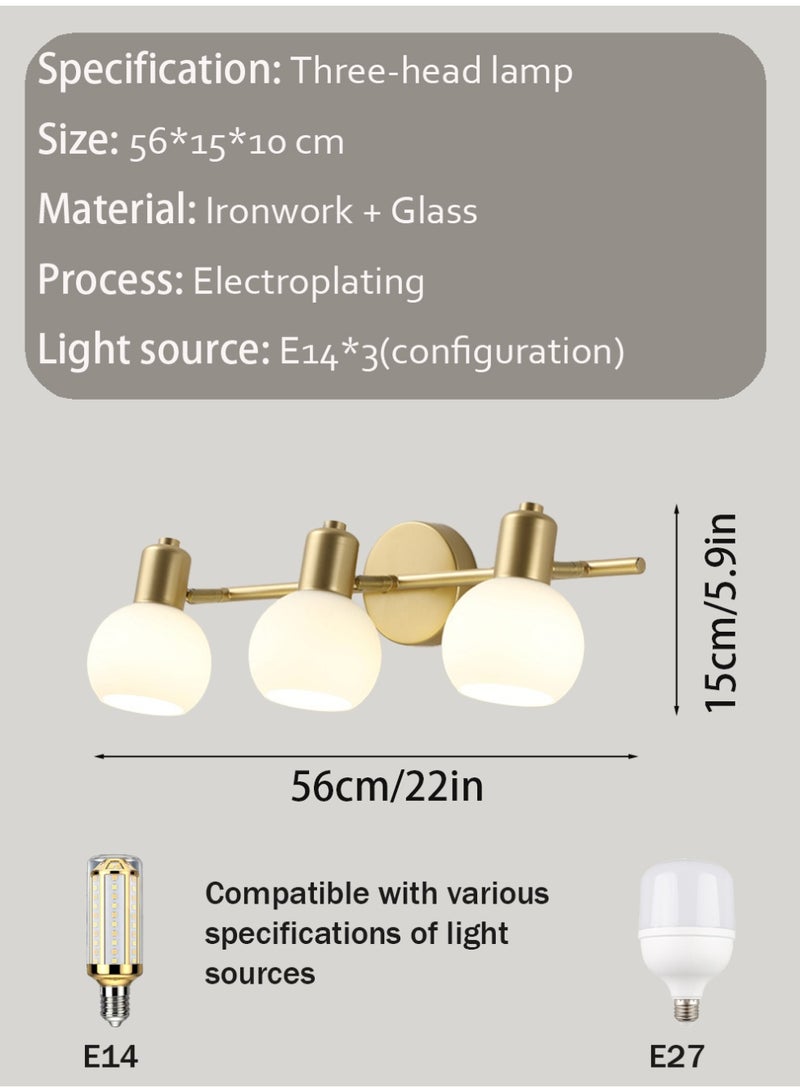 Golden Three-Head Mirror Lamp. Equipped with 3 color modes and 180° adjustable lamp arm. Suitable for bathrooms and dressing rooms. - Image 4